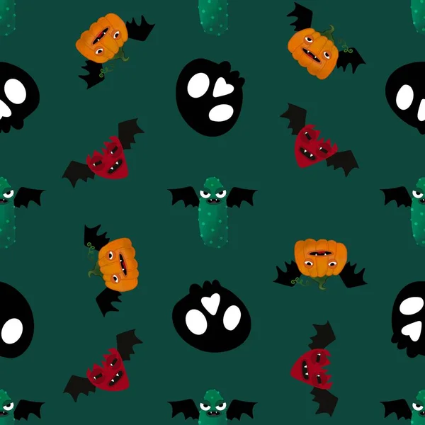 Fruit Vegetable Cartoon Toys Seamless Halloween Pattern Pumpkins Strawberry Cucumber — Stock Photo, Image