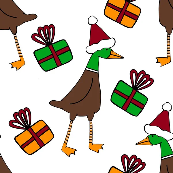 Winter festive cartoon seamless goose and Santa hat Christmas pattern for wrapping paper and Noel accessories and fabrics and linens and packaging and kids clothes print. High quality illustration