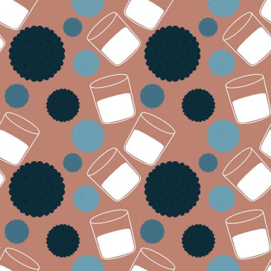 Karikatür bardağı dolusu süt ve kurabiye ambalajsız karalama kalıbı ve çocuk giysileri baskısı, kumaşlar, çarşaflar ve menü. Yüksek kaliteli illüstrasyon