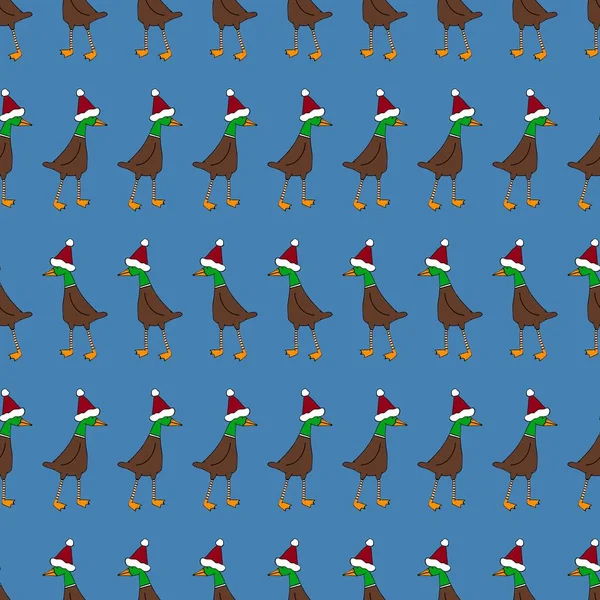 Winter festive cartoon seamless goose and Santa hat Christmas pattern for wrapping paper and Noel accessories and fabrics and linens and packaging and kids clothes print. High quality illustration