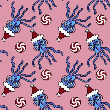 Noel ambalajları, kumaşlar, çarşaflar, ambalajlar ve çocuk giysileri baskısı için Noel karikatürsüz ahtapot Noel deseni. Yüksek kaliteli illüstrasyon