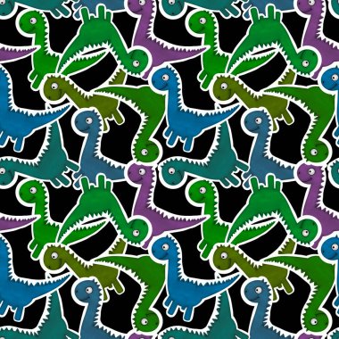 Dinozor hayvanlar, karikatürsüz çizgi film canavarları desenli ambalaj kağıtları ve çocuk giysileri baskısı, kumaşlar, çarşaflar, ambalajlar ve aksesuarlar. Yüksek kaliteli illüstrasyon