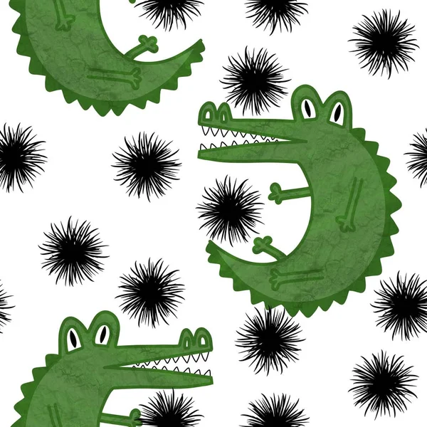 Dinossauro Crocodilo Desenho Animado Sem Costura Doodle Padrão Para Papel — Fotografia de Stock