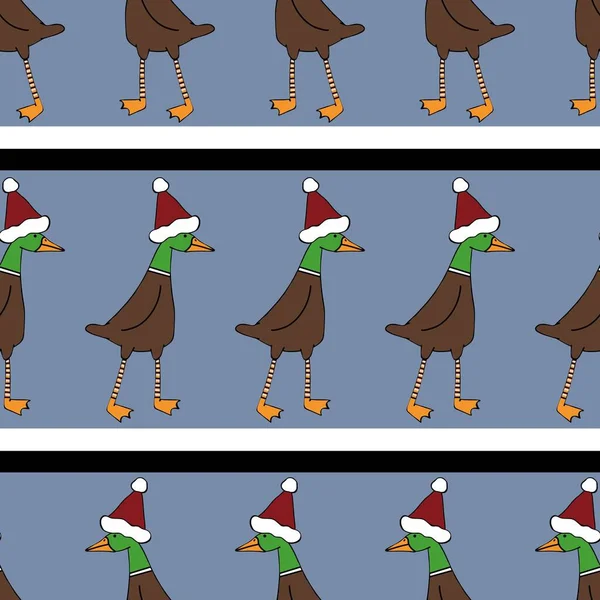 Winter festive cartoon seamless goose and Santa hat Christmas pattern for wrapping paper and Noel accessories and fabrics and linens and packaging and kids clothes print. High quality illustration