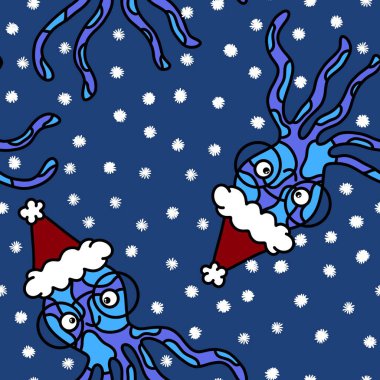 Noel ambalajları, kumaşlar, çarşaflar, ambalajlar ve çocuk giysileri baskısı için Noel karikatürsüz ahtapot Noel deseni. Yüksek kaliteli illüstrasyon