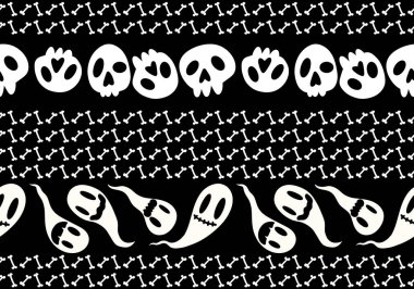 Cadılar Bayramı çizgi filmleri kağıt, kumaş ve çocuk giysileri, kurdeleler, hediye kutuları ve ambalajlar için kusursuz desenler. Yüksek kaliteli illüstrasyon