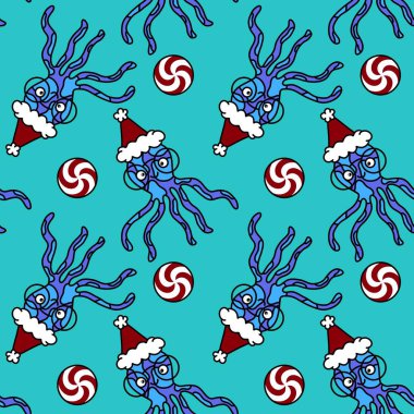 Noel ambalajları, kumaşlar, çarşaflar, ambalajlar ve çocuk giysileri baskısı için Noel karikatürsüz ahtapot Noel deseni. Yüksek kaliteli illüstrasyon
