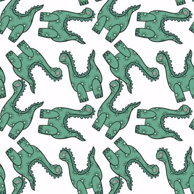 Dinozor hayvanlar, karikatürsüz çizgi film canavarları desenli ambalaj kağıtları ve çocuk giysileri baskısı, kumaşlar, çarşaflar, ambalajlar ve aksesuarlar. Yüksek kaliteli illüstrasyon