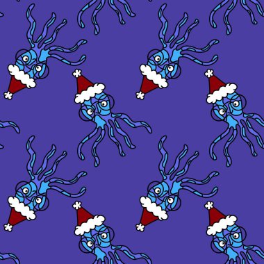 Noel ambalajları, kumaşlar, çarşaflar, ambalajlar ve çocuk giysileri baskısı için Noel karikatürsüz ahtapot Noel deseni. Yüksek kaliteli illüstrasyon