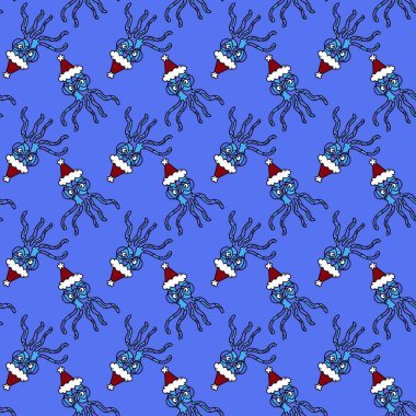 Noel ambalajları, kumaşlar, çarşaflar, ambalajlar ve çocuk giysileri baskısı için Noel karikatürsüz ahtapot Noel deseni. Yüksek kaliteli illüstrasyon