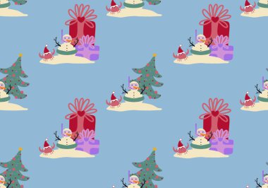 Noel 'i sahilde, yeni yıl için pürüzsüz kardan adam desenli kağıt, kumaş, çarşaf, çocuk giysileri, aksesuar ve hediye kutusu ile kutlayacağız. Yüksek kaliteli illüstrasyon