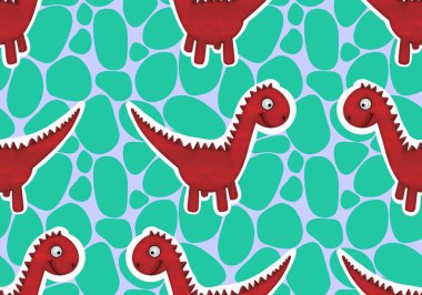 Dinozor hayvanlar, karikatürsüz çizgi film canavarları desenli ambalaj kağıtları ve çocuk giysileri baskısı, kumaşlar, çarşaflar, ambalajlar ve aksesuarlar. Yüksek kaliteli illüstrasyon