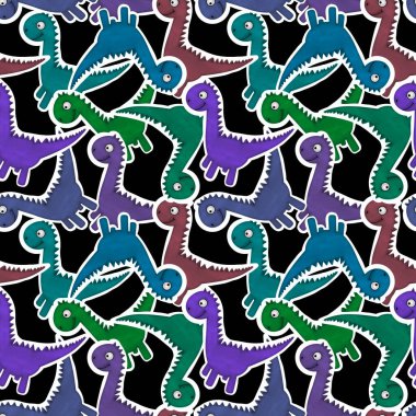 Dinozor hayvanlar, karikatürsüz çizgi film canavarları desenli ambalaj kağıtları ve çocuk giysileri baskısı, kumaşlar, çarşaflar, ambalajlar ve aksesuarlar. Yüksek kaliteli illüstrasyon