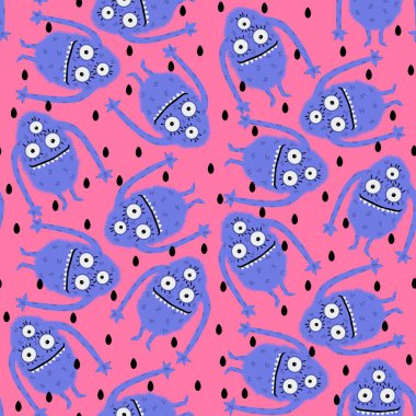 Canavarlar, çizgi film karakterleri. Kâğıt, kıyafet baskısı, çocuk aksesuarları, kumaşlar, çarşaflar, tekstil ve notlar için kusursuz cadılar bayramı karalaması desenleri. Yüksek kaliteli illüstrasyon