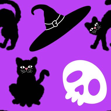 Cadılar Bayramı kara kedileri çizgi filmsiz canavar desenli ambalaj kağıtları ve çocuk kıyafetleri baskılar, ambalajlar, kumaşlar, çarşaflar ve aksesuarlar. Yüksek kaliteli illüstrasyon