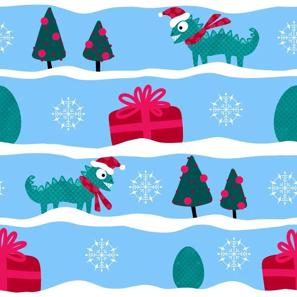 Christmas cartoon seamless dinosaur dragon monsters pattern for winter wrapping paper and kids clothes print and Noel linens and fabrics and packaging. High quality illustration