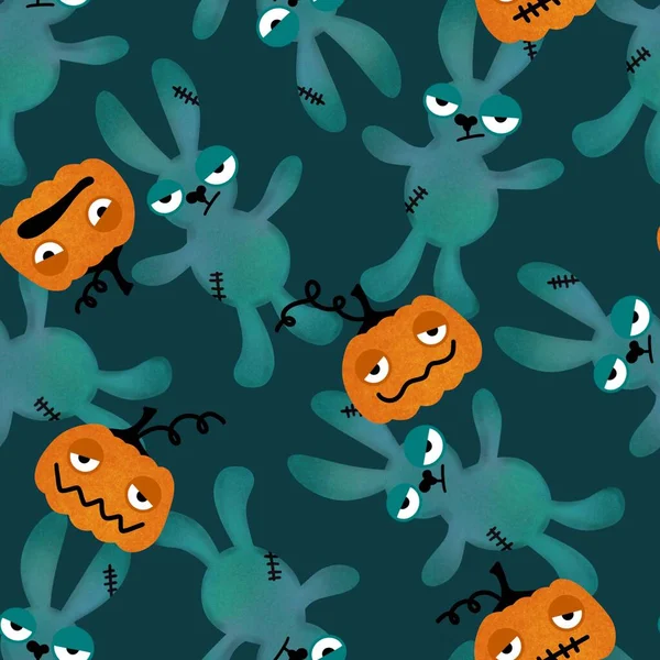 Halloween Desenho Animado Mal Coelho Sem Costura Brinquedos Doodle Padrão — Fotografia de Stock