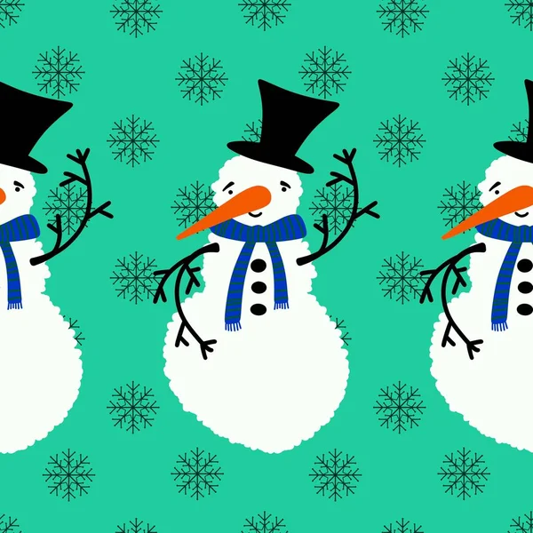 Winter Christmas seamless snowman with carrot and scarf and hat pattern for wrapping paper and Noel accessories and kids and fabrics and linens and packaging. High quality illustration