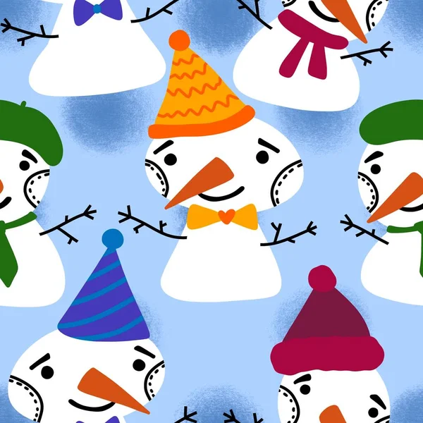 Winter Kerst Naadloze Sneeuwpop Met Wortel Sjaal Hoed Patroon Voor — Stockfoto