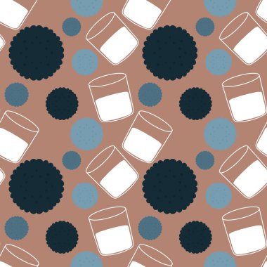 Karikatür bardağı dolusu süt ve kurabiye ambalajsız karalama kalıbı ve çocuk giysileri baskısı, kumaşlar, çarşaflar ve menü. Yüksek kaliteli illüstrasyon