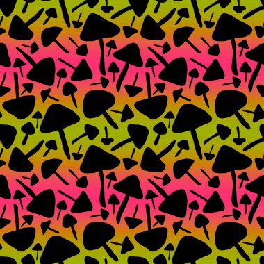 Sonbahar neon desenli mantarlar. Kağıt, kumaş, çarşaf ve çocuk giysileri baskısı ve yaz aksesuarları için dikişsiz sinek deseni. Yüksek kaliteli illüstrasyon