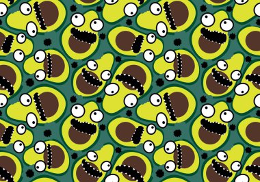 Karikatür yeşili ambalajsız avokado deseni ve çocuk giysileri baskısı, kumaşlar, çarşaflar ve ambalaj ve menü. Yüksek kaliteli illüstrasyon