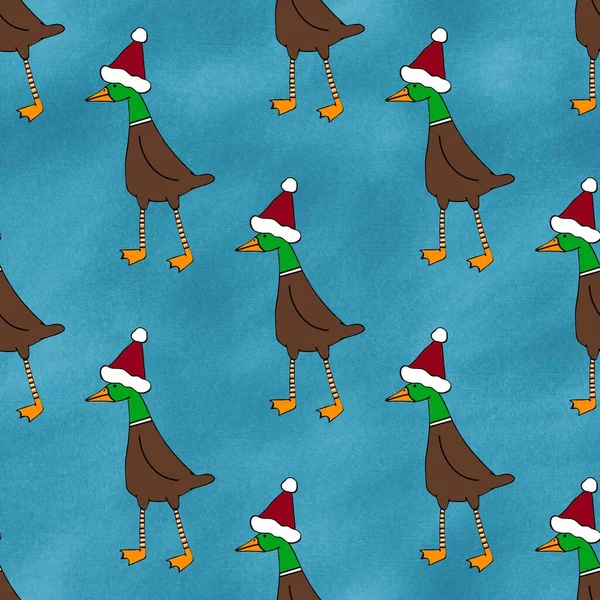 Winter festive cartoon seamless goose and Santa hat Christmas pattern for wrapping paper and Noel accessories and fabrics and linens and packaging and kids clothes print. High quality illustration