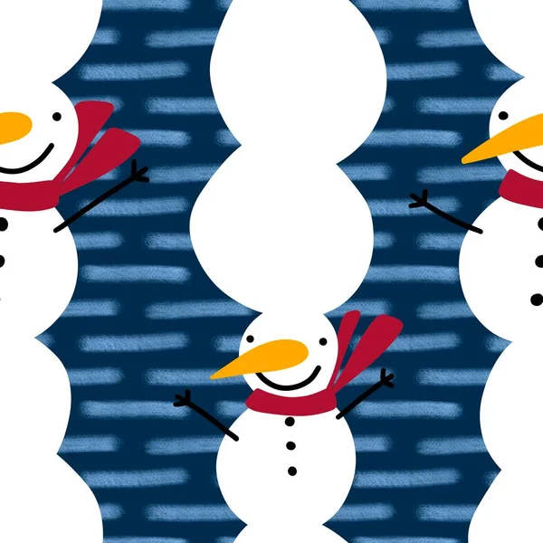 Winter Christmas seamless snowman with carrot and scarf and hat pattern for wrapping paper and Noel accessories and kids and fabrics and linens and packaging. High quality illustration
