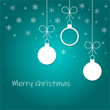 Minimalist tarzda mavi arka planda Noel topları ve kar taneleri