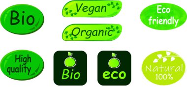 Amblem, etiket, rozet, etiket, ambalaj koleksiyonu. Çevre, biyoloji, vegan, organik, doğal.