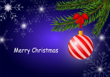 Noel koyu mavi arka planı. Bir köknar dalı, kırmızı kurdeleli bir Noel balosu, parlayan kar taneleri, yazıtlar mutlu noeller..