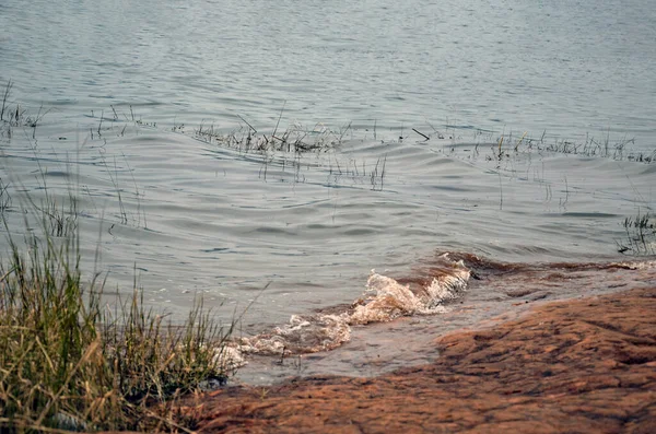Małe Fale Spadające Brzeg Rzeki Zbliżenie Brzegu Rzeki Fal Rzecznych — Zdjęcie stockowe