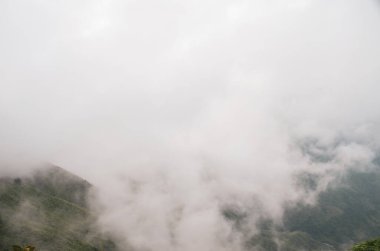 Dağ ve ormanı kaplayan beyaz yüzen bulutlar. Yüksek dağların tepesinde süzülen bulutların manzarası