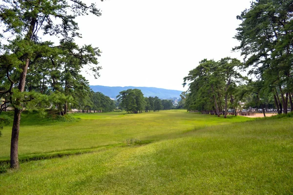 Yeşil ve sarı çimenler, ağaçlar, küçük köprüler, askeri geçit törenleri ve arka planda dev dağlar ve şehirler olan açık bir golf kulübünün (golf kulübü) güzel manzarası.