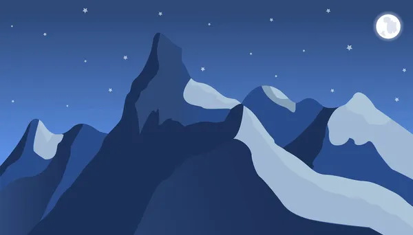 冬季的夜景 深蓝色的天空和高山 在满月繁星的天空和美丽的山崖中 关于寂静的夜空的矢量图解 — 图库矢量图片
