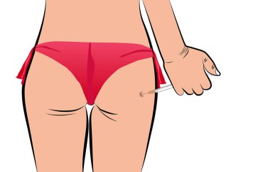 Vector of a young woman pushing herself an injection into her buttocks isolated in white background. Illustration of sexy lady or girl wearing red panty and injecting on her butt. 