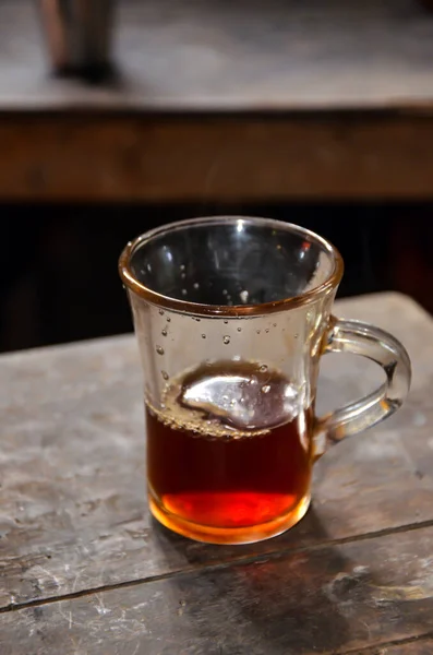 Closeup Tea Cup Half Tea Liquid Glass Cup Black Tea — Foto de Stock