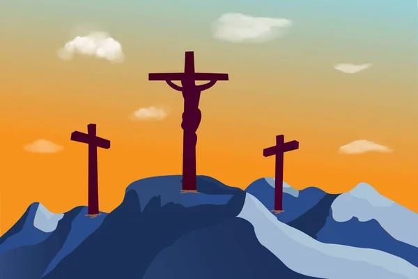 关于基督教宗教主题的矢量景观 他在复活节的周日升起 描绘加略山和三个十字架的轮廓 耶稣在日落时悬挂在十字架上 — 图库矢量图片