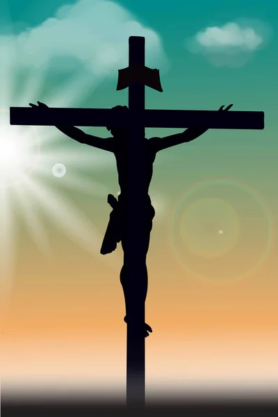 黎明时分 耶稣基督的轮廓在十字架上 带着镜头照明弹 基督耶稣钉十字架 神的儿子或先知死在十字架上 用圣经的主题来说明基督教 — 图库矢量图片