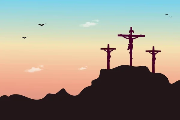耶稣的基督和两个贼在加略山的十字架上 神的儿子被钉在十字架上 为要在好的星期五和东方的星期日行洗礼 山上三个十字架的轮廓 — 图库矢量图片