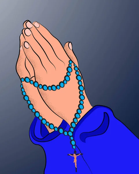 İsa 'nın çarmıhta asılı olduğu renkli tespih boncuklarını tutan dua eden ellerin temsilcisi, Katolik dini için sembol ve dua kavramı. Dini bir temada el dua ikonu.
