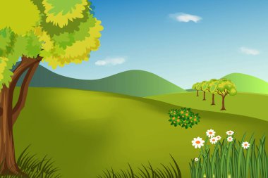 Ağaçlarla, otlarla, çiçeklerle, mavi bulutlu gökyüzüyle ve açık arazilerle dolu güzel bir tepenin taşıyıcısı. Sonbahar mevsiminde yüksek dağları olan uzak bir köyün tasviri. 
