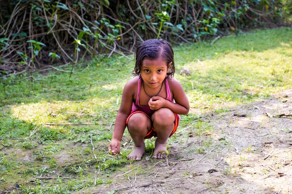 Gowainghat, Bangladesh - November 06, 2019: Little poor kid plucking grasses from the soil as to cook for her doll. Village small girl playing cooking game and picking grasses to cook.