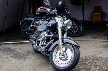 Shillong, India - October 05, 2012: Display of a harley-davidson road king motorbike in an exhibition.