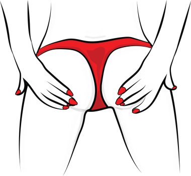 Kırmızı külot giyen bir kadının sırtı. Kızların sırtına vektör çizimi, beline ve kalçalarına külot geçirmiş kadınlar. Kadınlar üzerinde gündüz gözlemleri için tasarım fikirleri