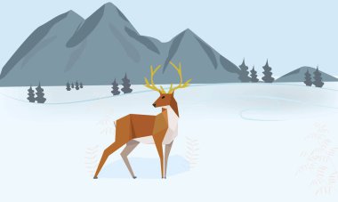 Karda yüksek bir dağa karşı duran genç bir geyiğin yalın poli. Buzdaki ve tepedeki vahşi hayvanların taşıyıcısı. Karda yürüyen bir geyik tasviri. Çokgen Noel geyiği ve Noel ağacı. 