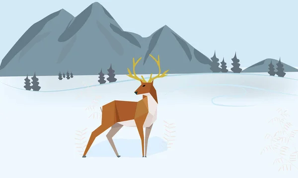 Low poly of a young deer standing on the snow against a high mountain. Vector of wild animal on ice and hill. Illustration of a deer walking on the snow. Polygonal Christmas deer and Christmas tree. 