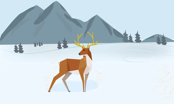 Low Poly Young Deer Standing Snow High Mountain Vector Wild — Stockvektor