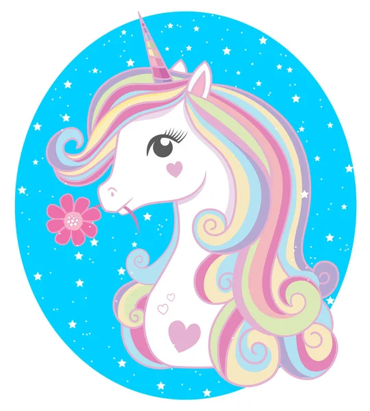 Hermoso Unicornio Arco Iris Con Una Rosa Sobre Marco Ovalado — Vector de stock