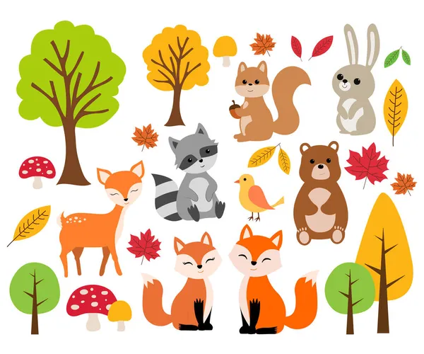 Geyik, tavşan, ayı, tilki, rakun, kuş ve sincap dahil sevimli orman hayvanlarının vektör çizimi. Beyaz arka planda izole edilmiş bir grup hayvan.  